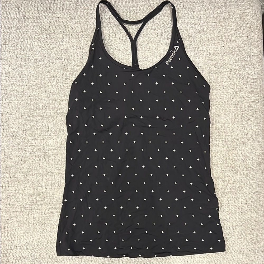 Reebok Black Fitted Tank Top with White « + » Design Built-in Shelf Bra